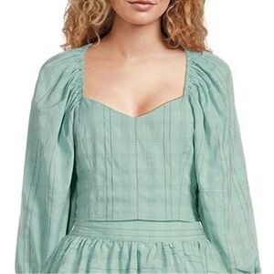 Buru Large Sweetheart Neck Balloon Sleeve Stripe Smocked Bustier Crop Top Aqua